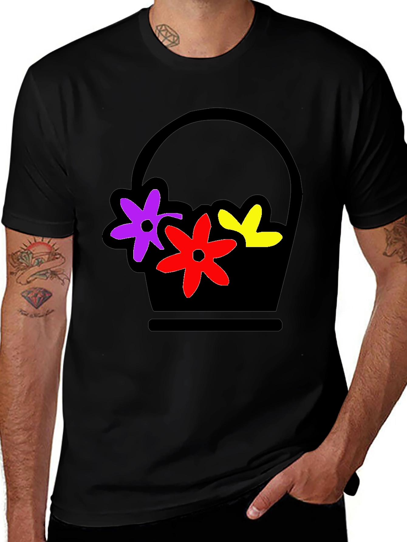 Floral Basket Graphic Tee - Stylish Black T-Shirt