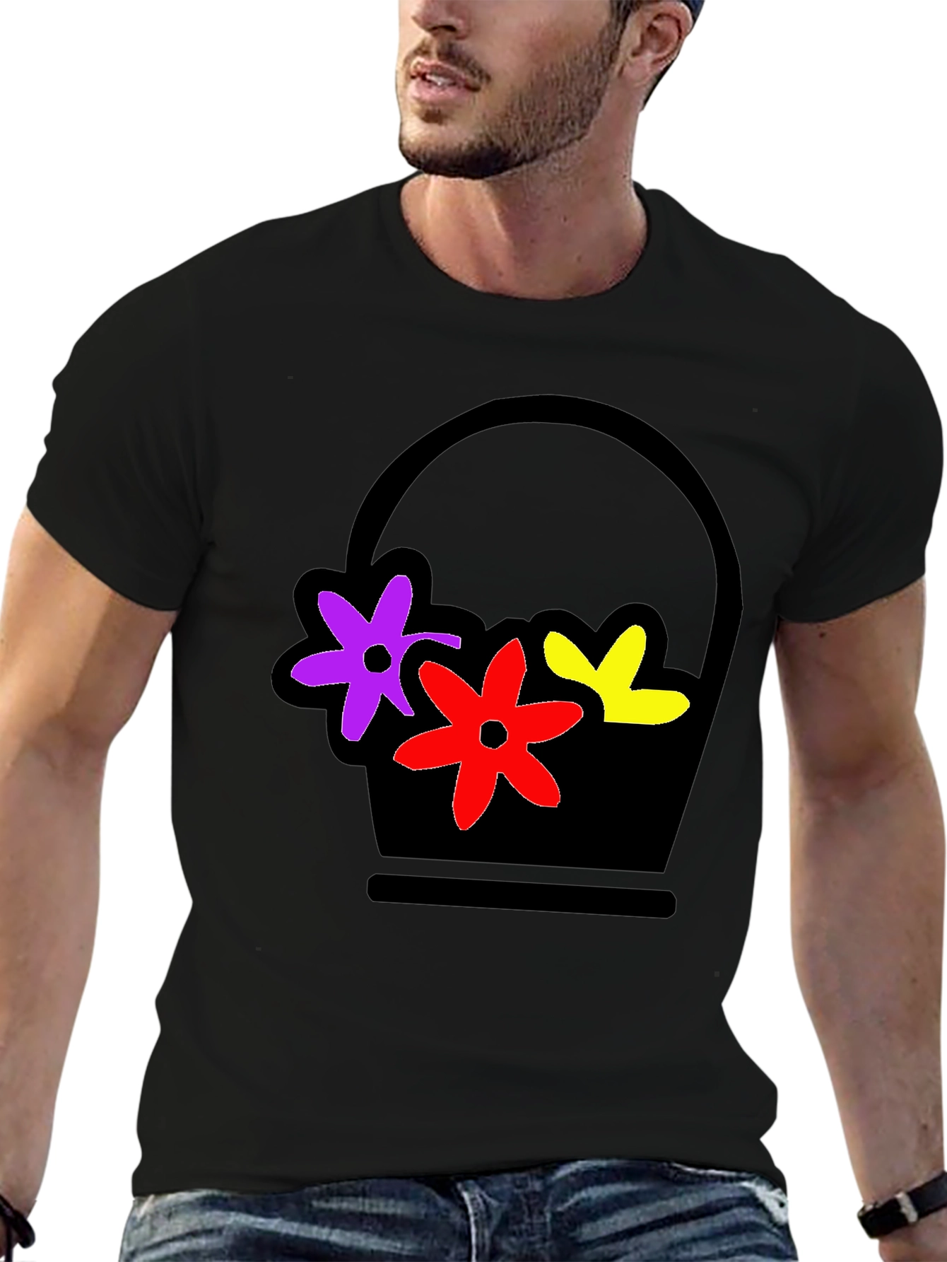 Floral Basket Graphic Tee - Stylish Black T-Shirt