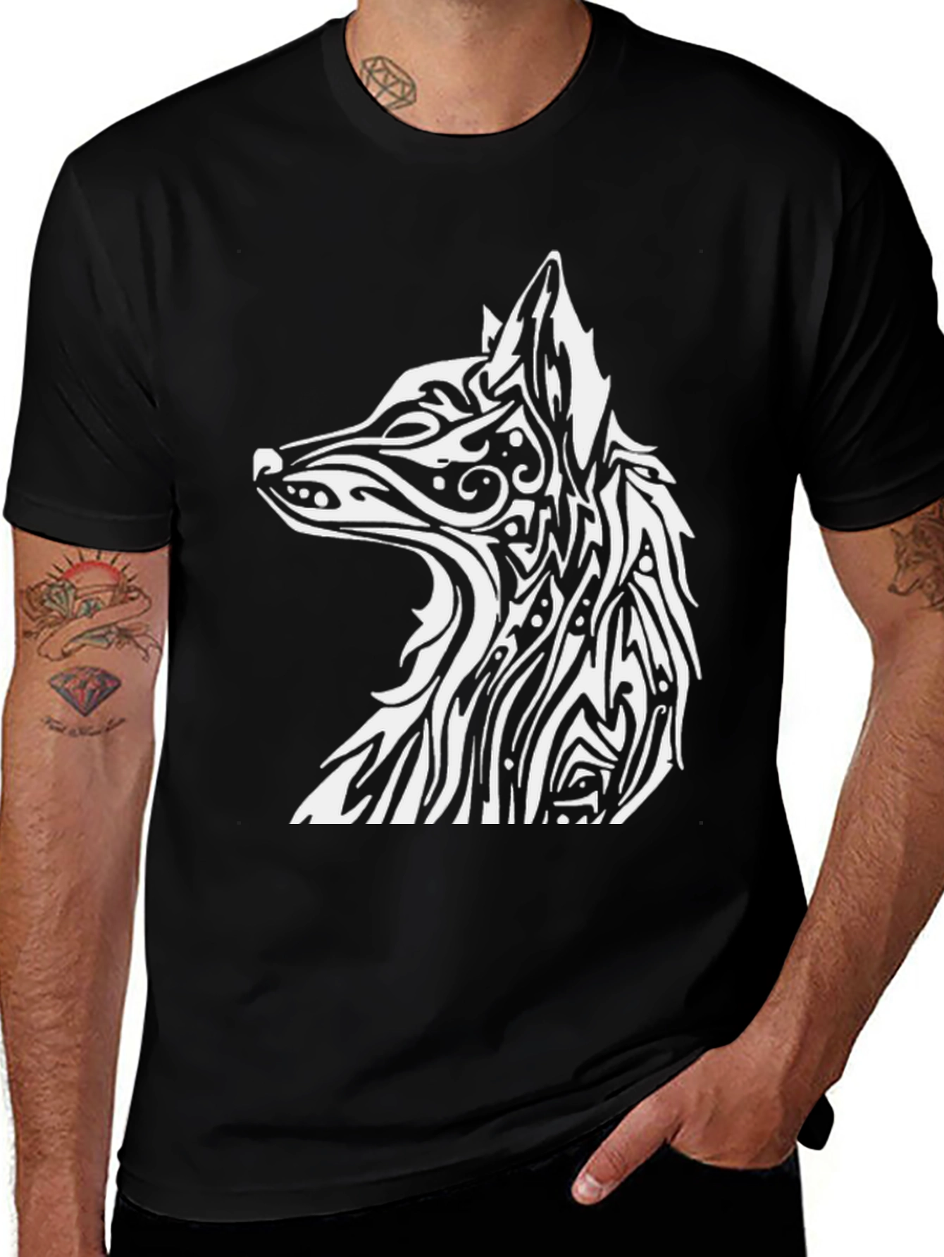 Tribal Wolf Graphic Tee - Black