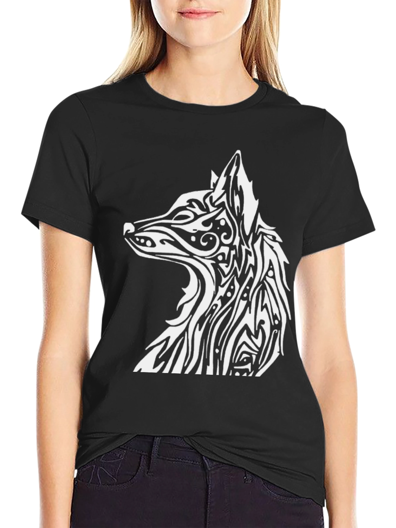 Tribal Wolf Graphic Tee - Black