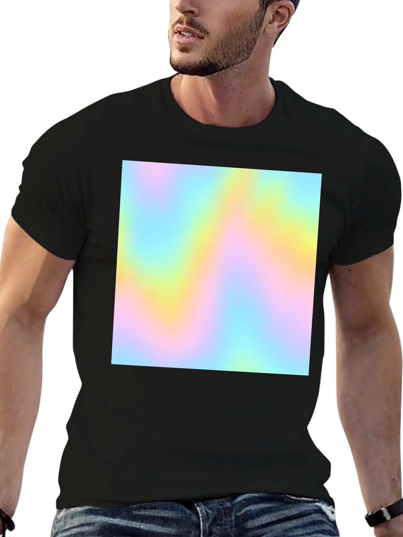 Mens Black Tee with Pastel Swirl Design