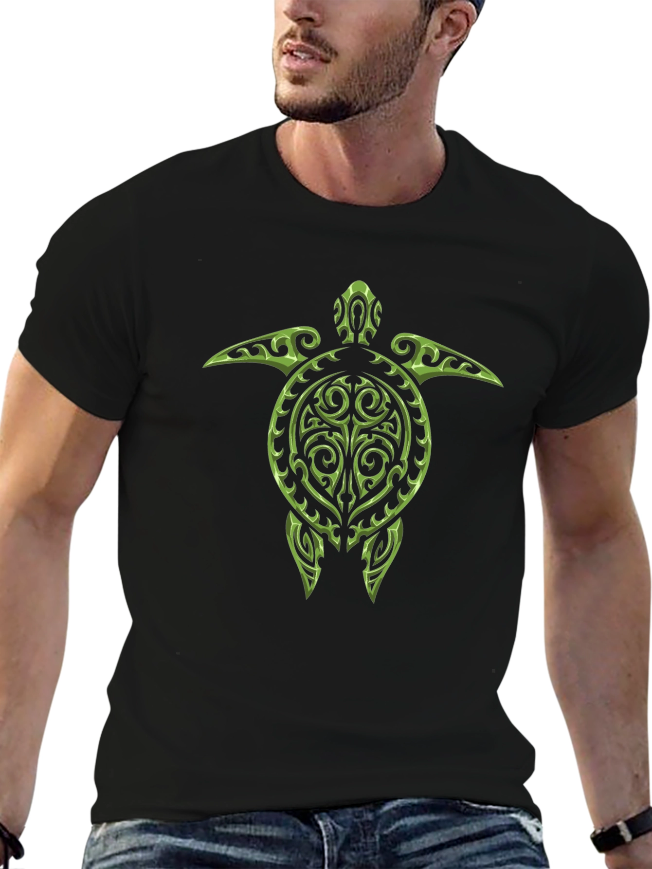 Tribal Turtle Graphic Tee - Black Cotton T-Shirt