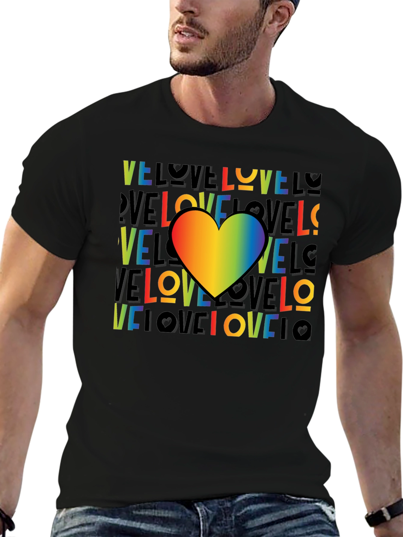 Rainbow Heart Love Graphic Black T-Shirt