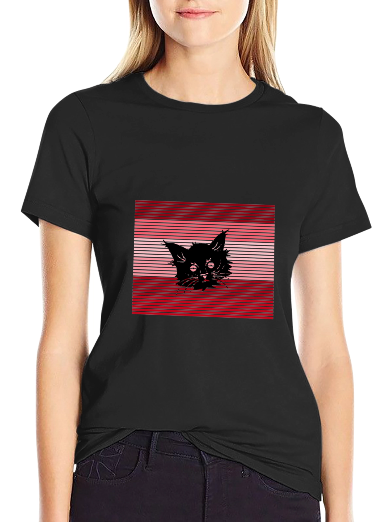 Black Cat Graphic Tee - Striped Background