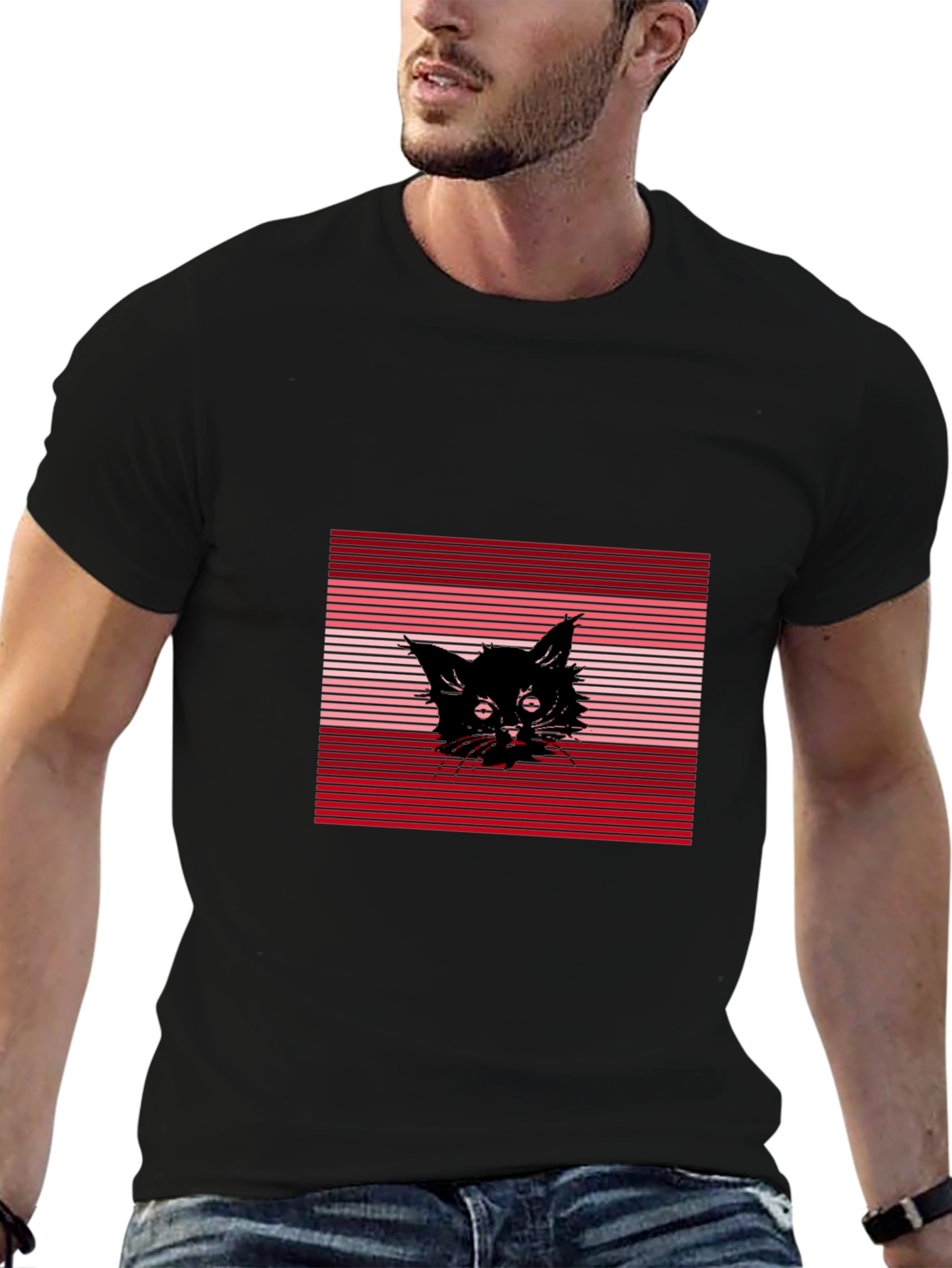 Black Cat Graphic Tee - Striped Background