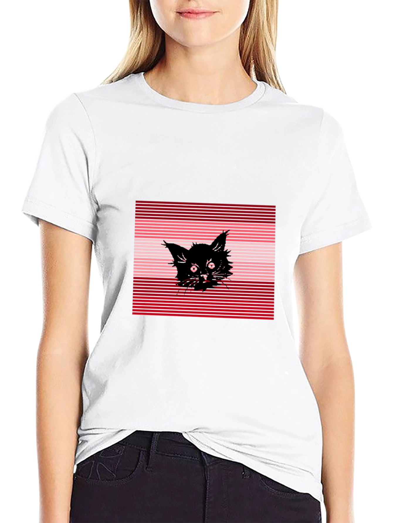 Black Cat Graphic Tee - Striped Background