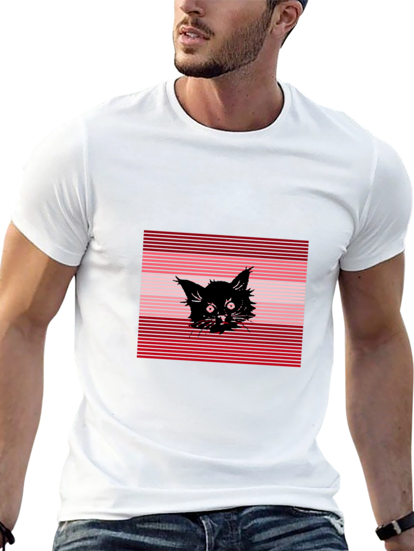 Black Cat Graphic Tee - Striped Background