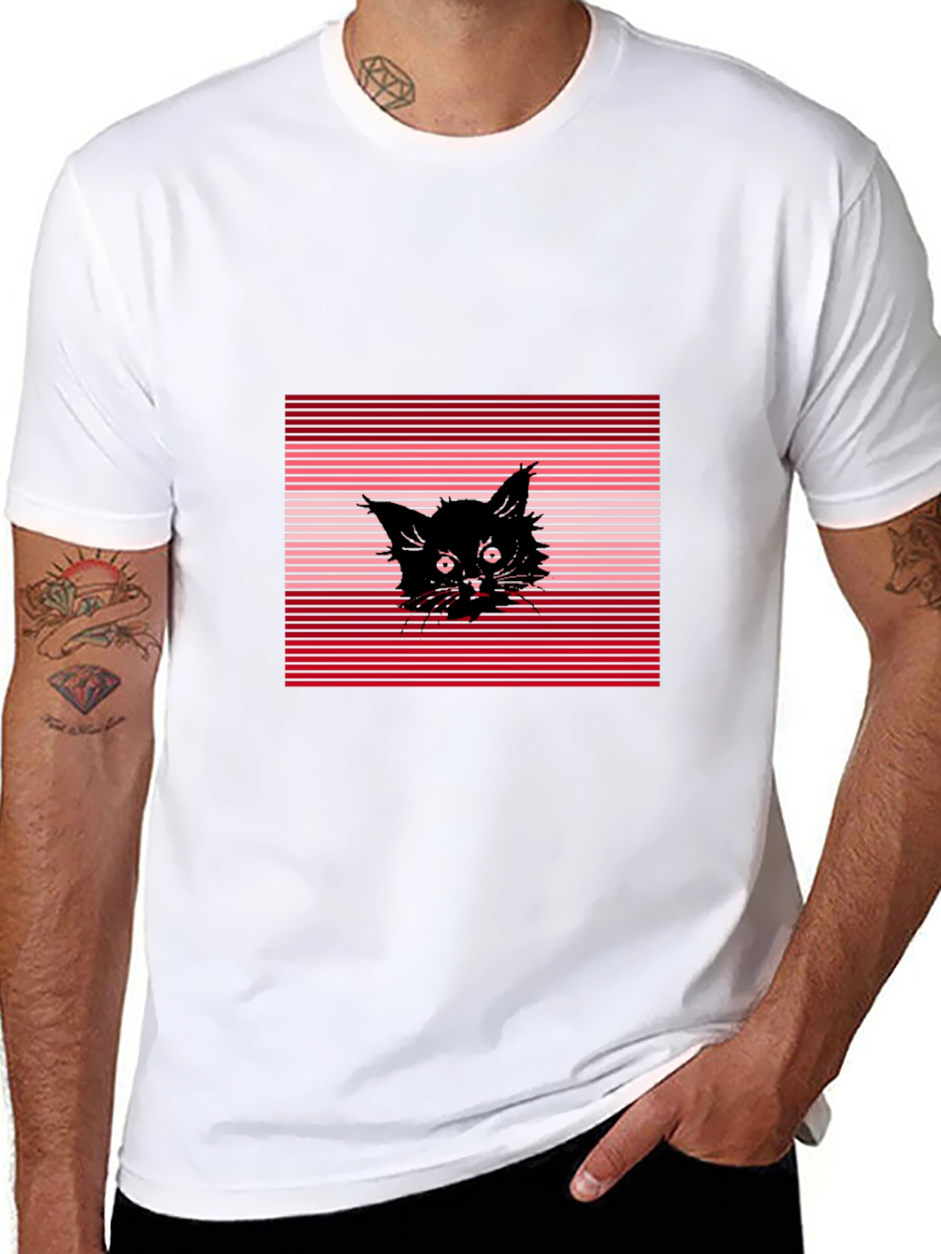 Black Cat Graphic Tee - Striped Background