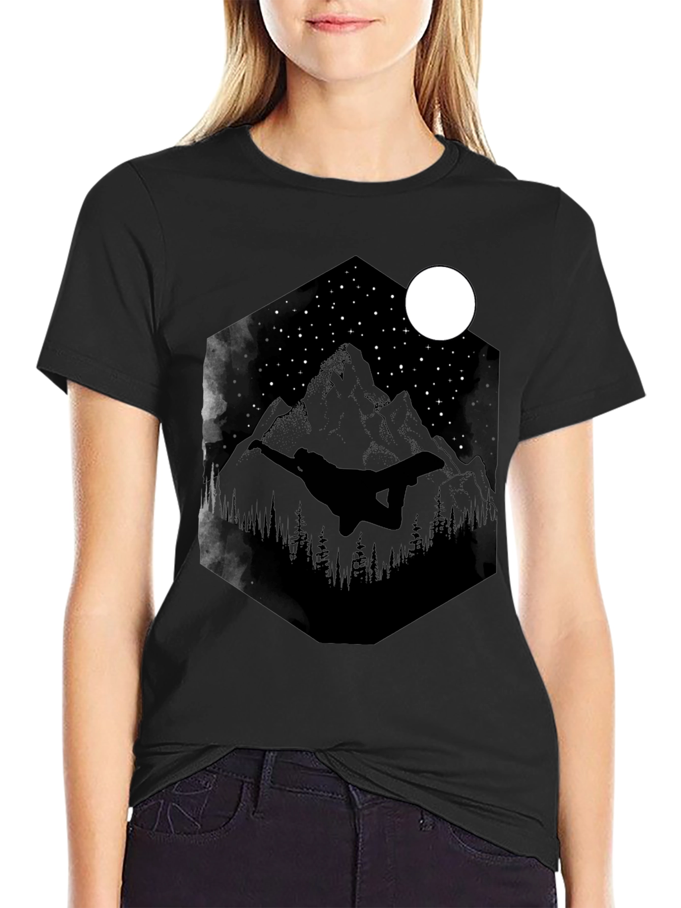 Night Sky Mountain Graphic Tee - Black Cotton Blend