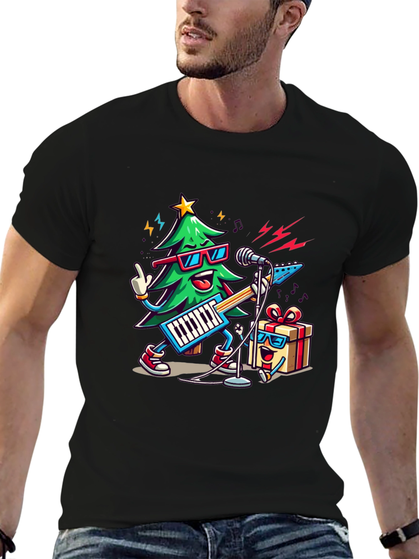 Festive Christmas Tree Rock Band T-Shirt