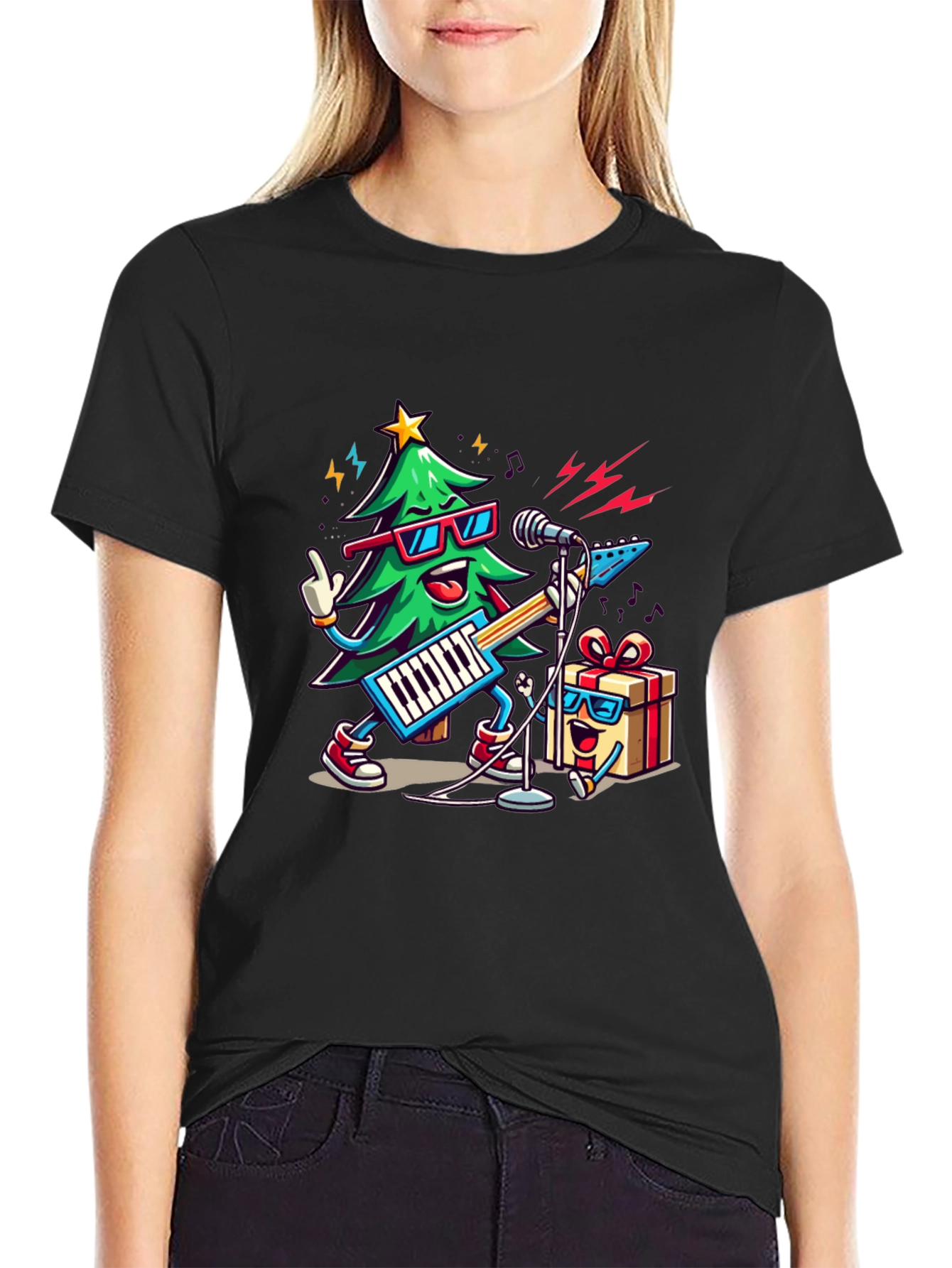 Festive Christmas Tree Rock Band T-Shirt