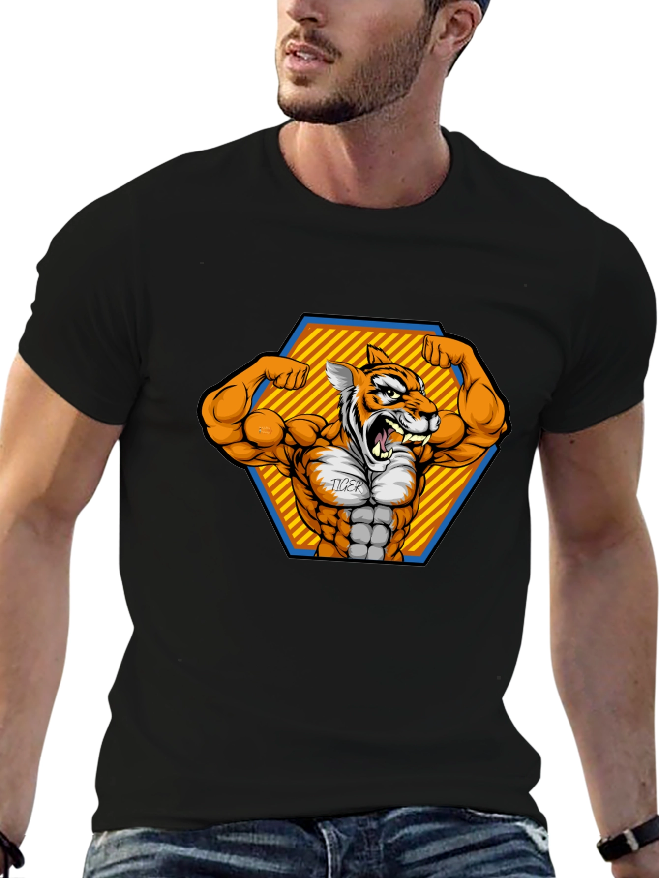 Tiger Gym Cartoon Black T-Shirt