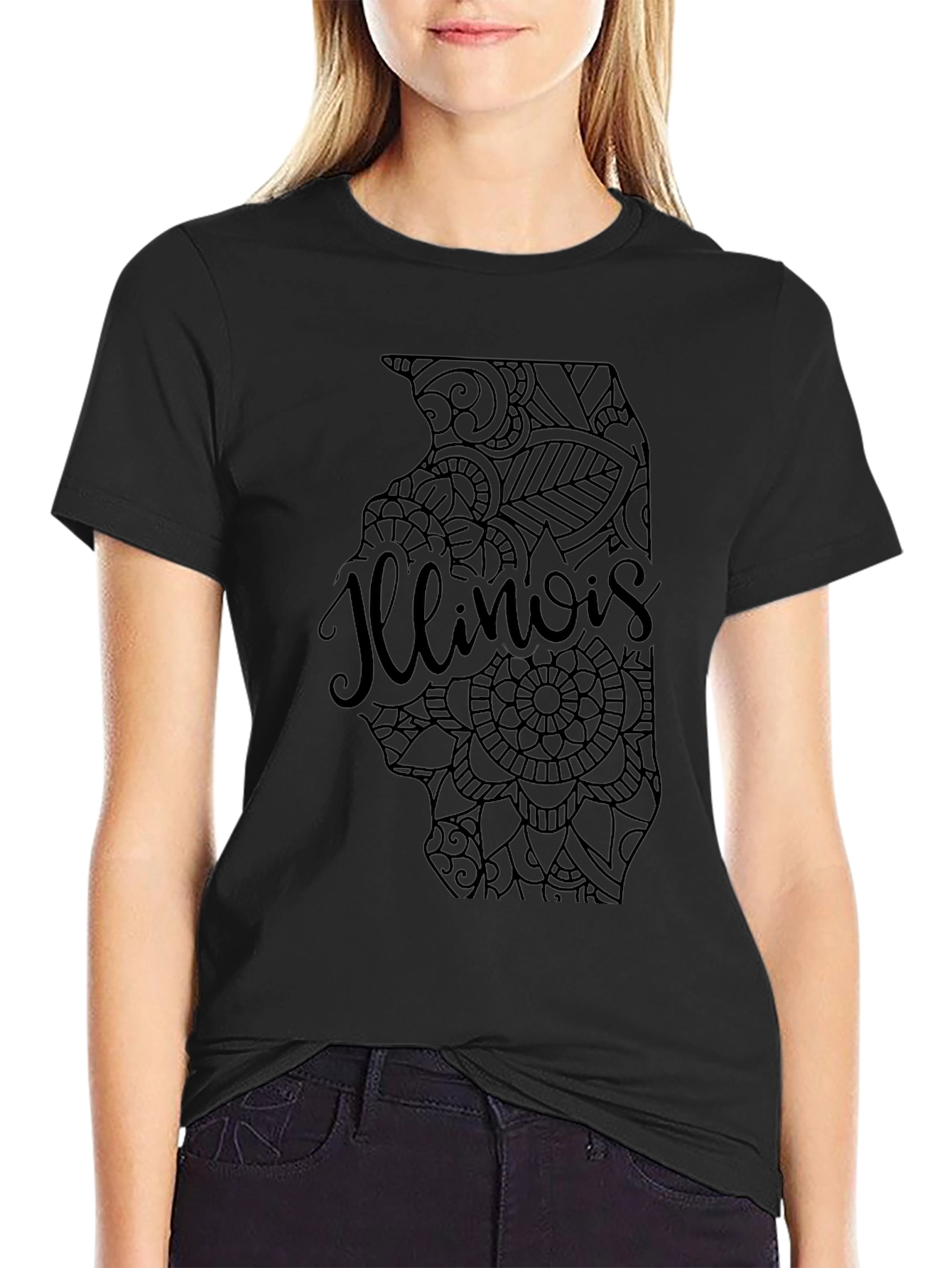 Illinois State Mandala Art Mens Black T-Shirt