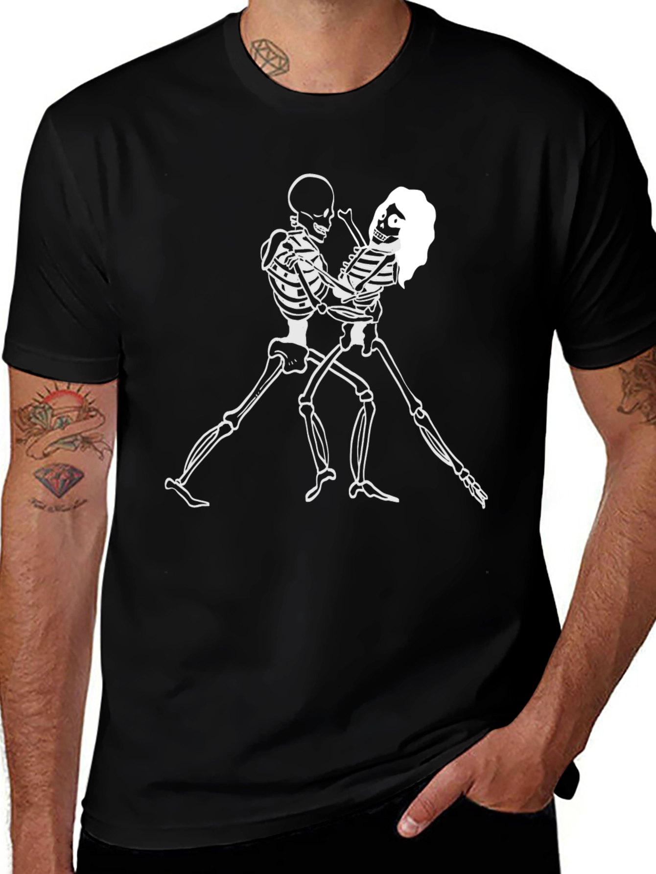 Dancing Skeletons Graphic Tee - Black Crewneck Shirt