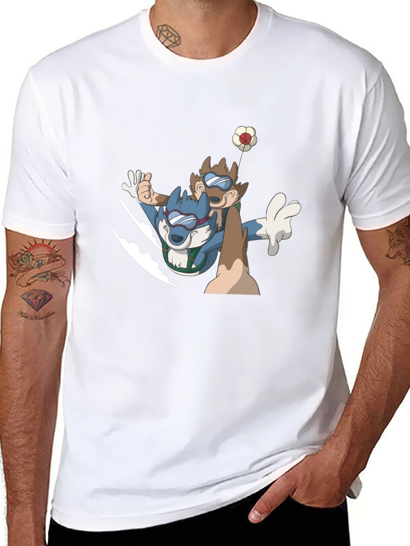 Cartoon Animal Skydive Black Tee
