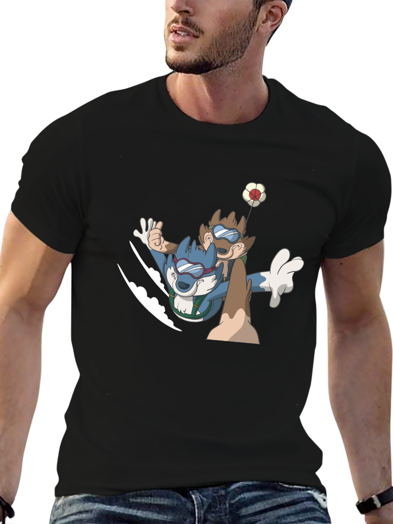 Cartoon Animal Skydive Black Tee
