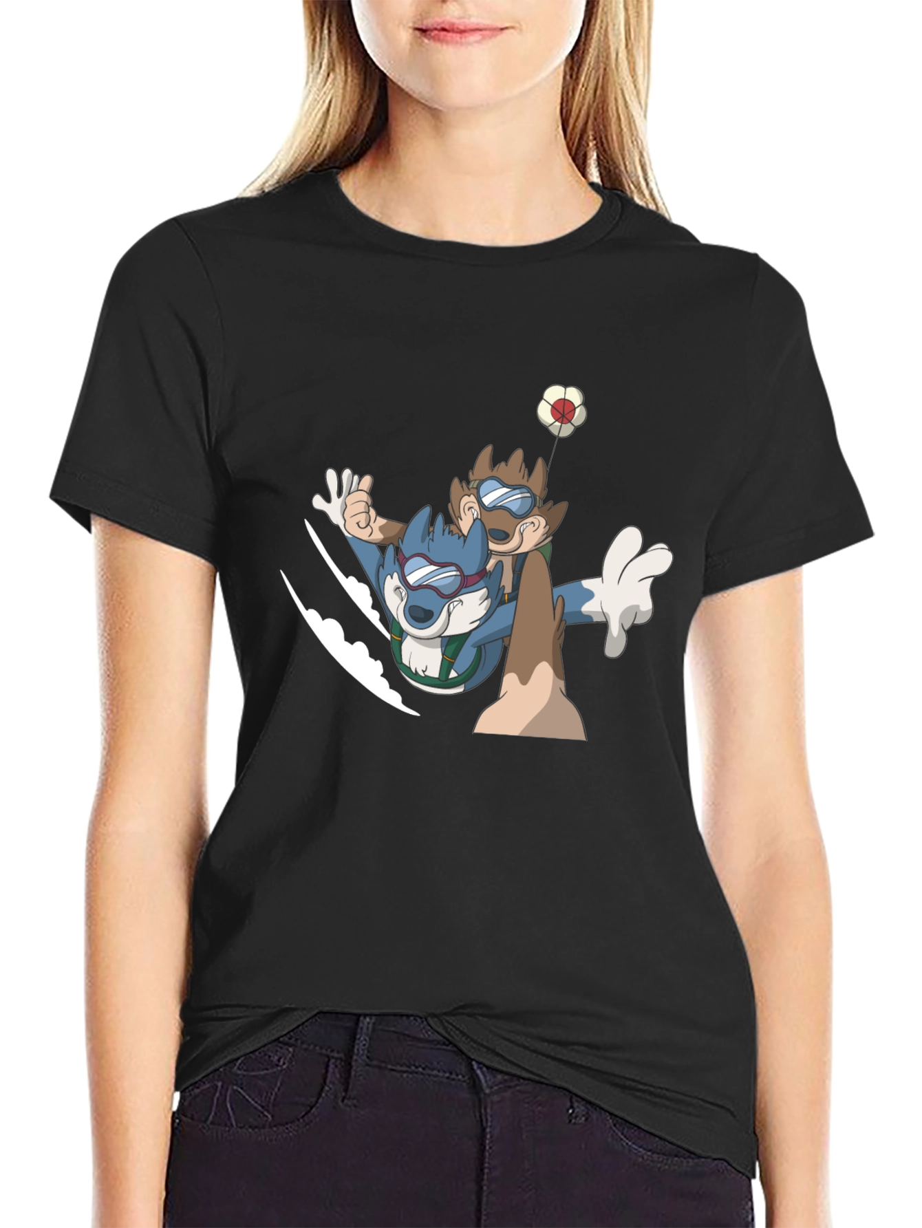 Cartoon Animal Skydive Black Tee