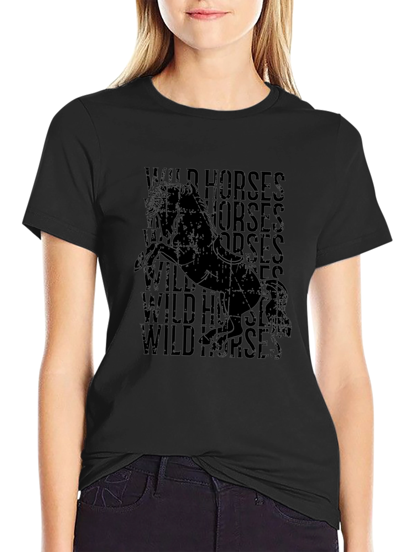 Wild Horses Graphic Print Black T-Shirt
