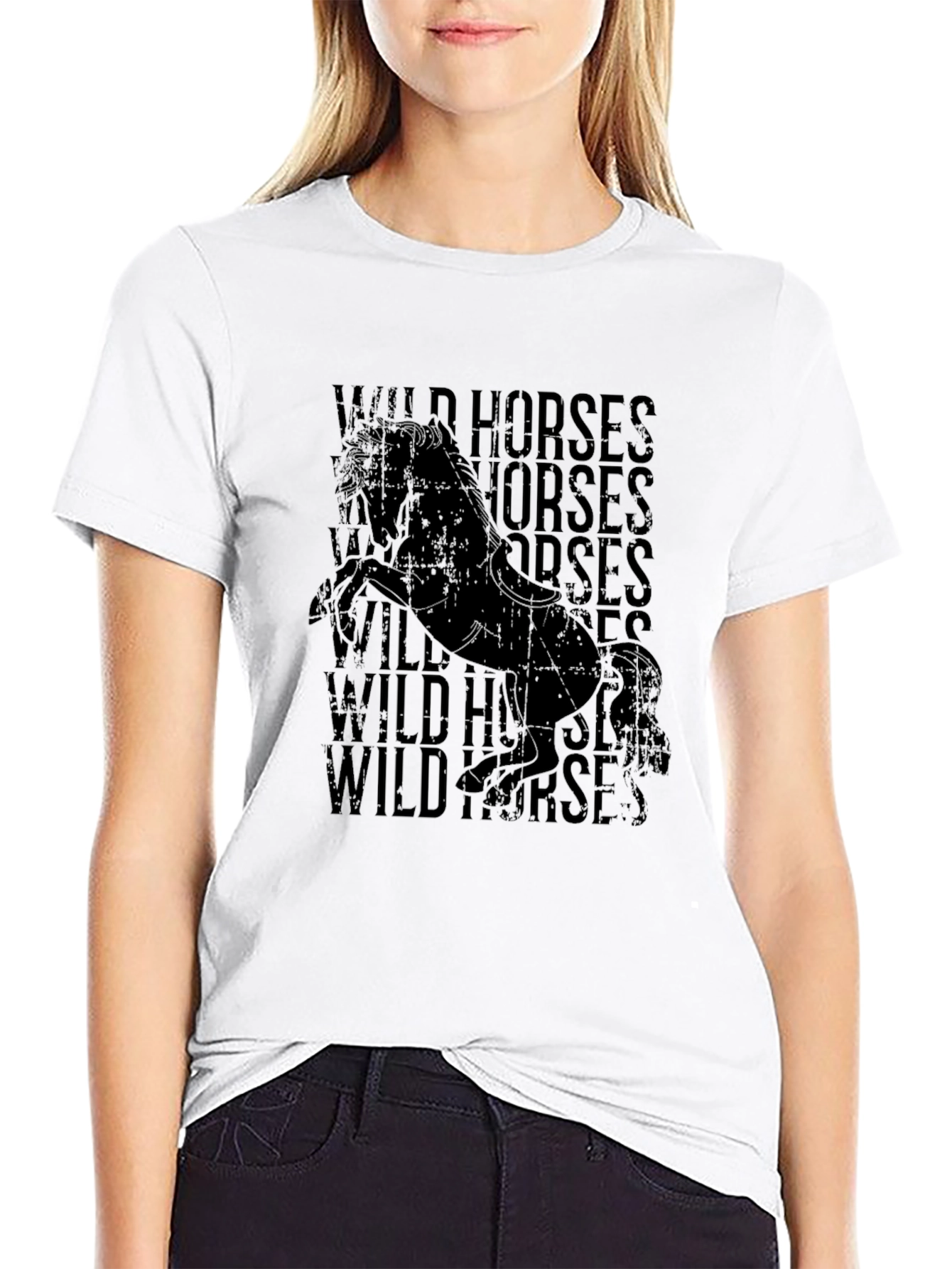 Wild Horses Graphic Print Black T-Shirt