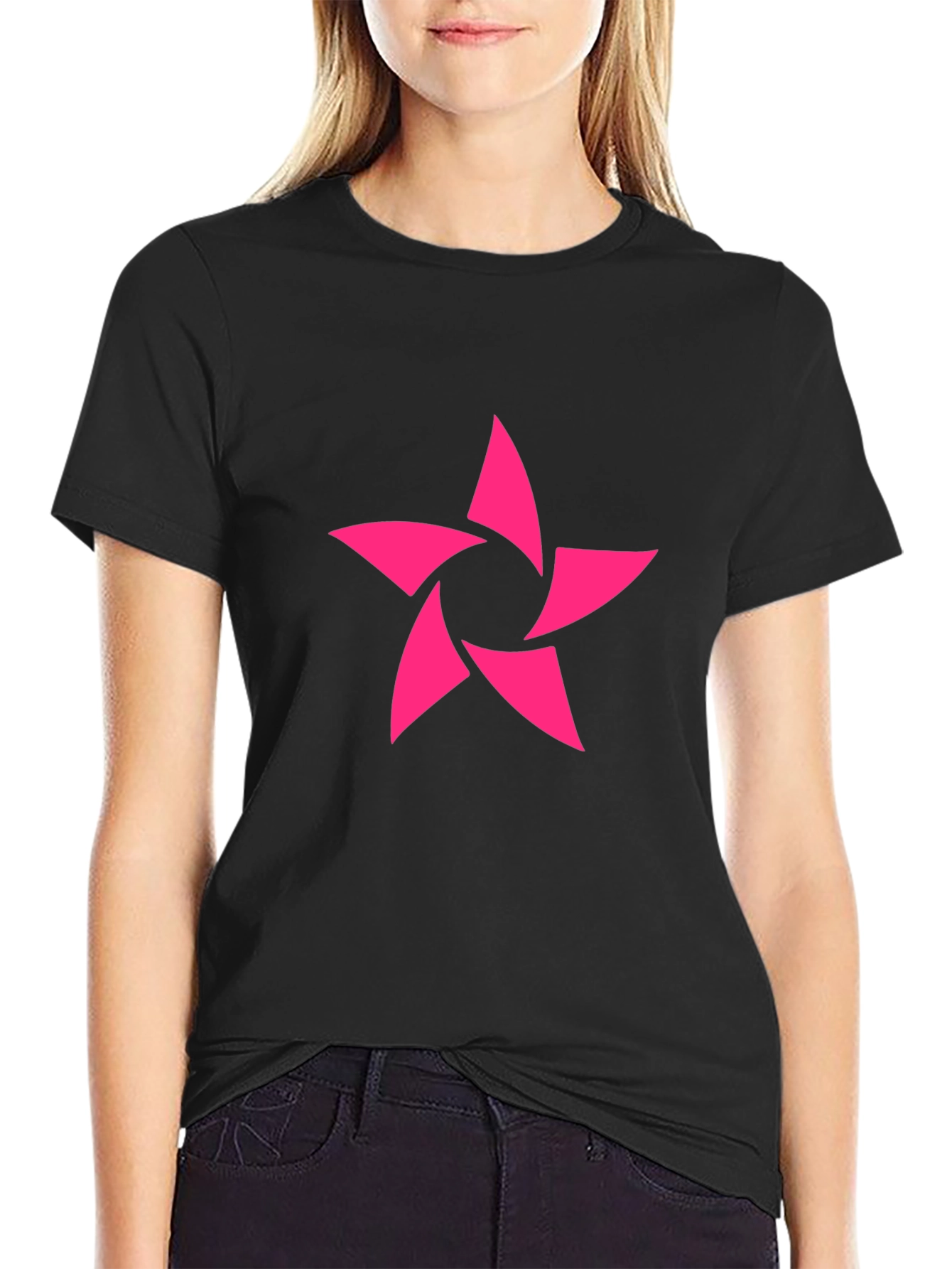 Modern Pink Star Graphic Black T-Shirt