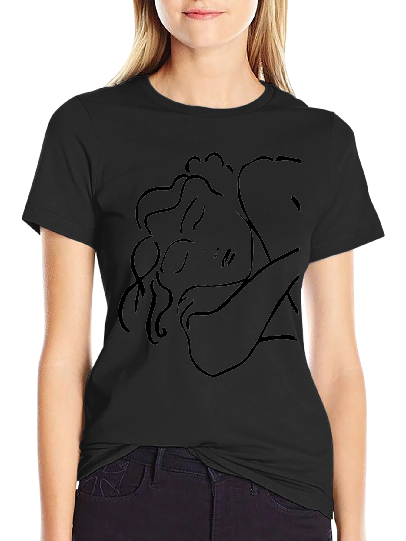 Minimalist Woman Line Art Black T-Shirt