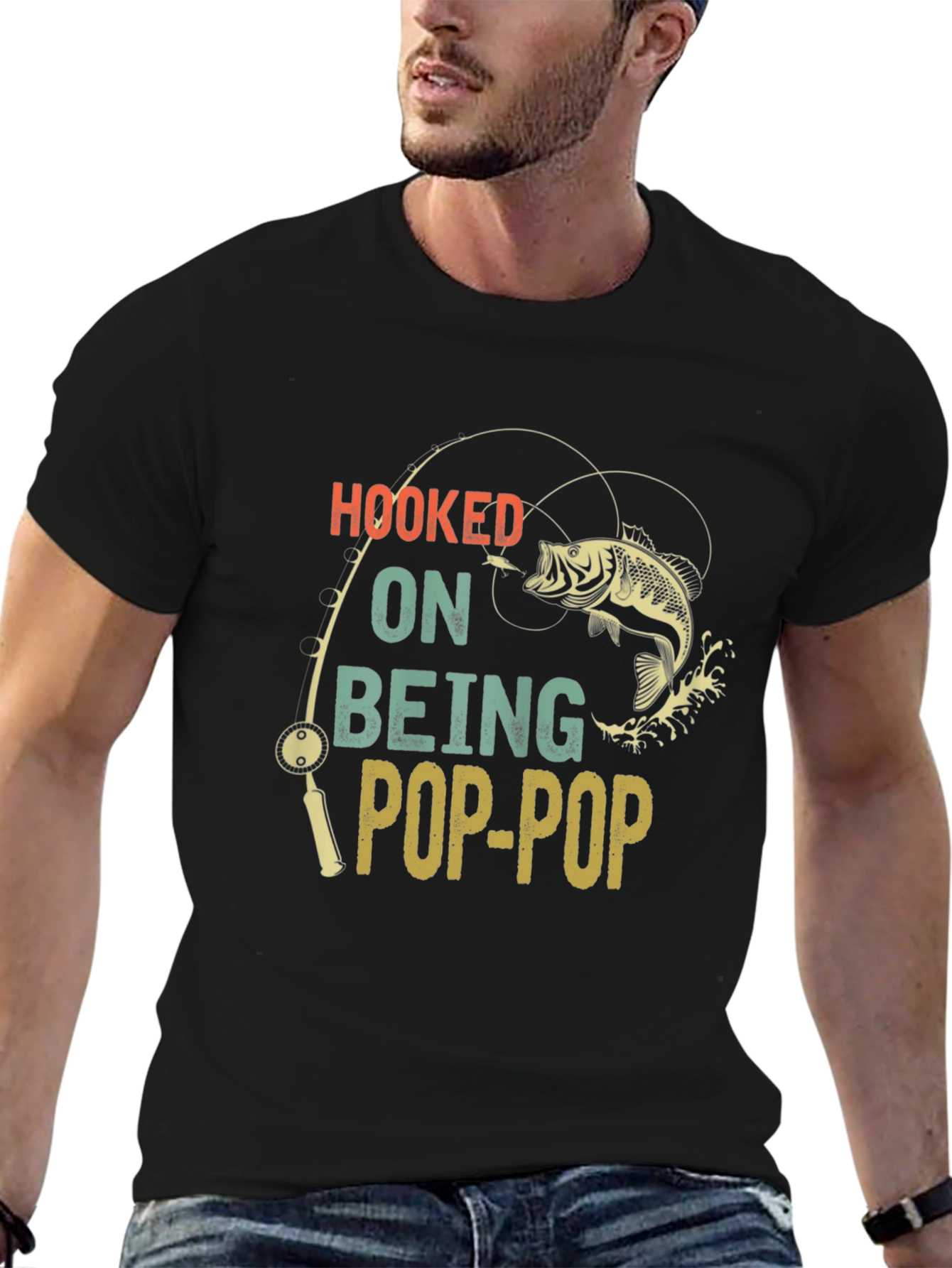 Hooked on Being Pop-Pop Black T-Shirt