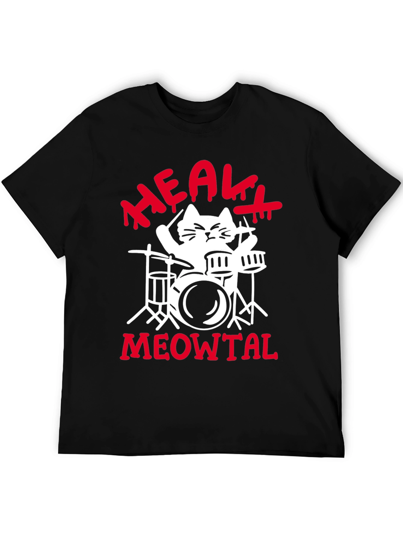 Heavy Meowtal Cat Drummer Black Graphic Tee