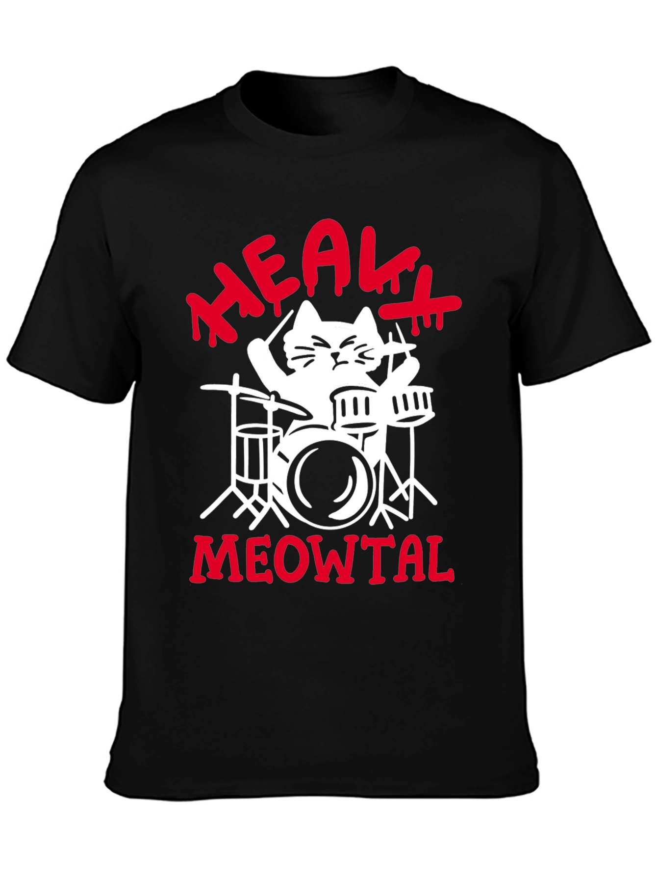 Heavy Meowtal Cat Drummer Black Graphic Tee