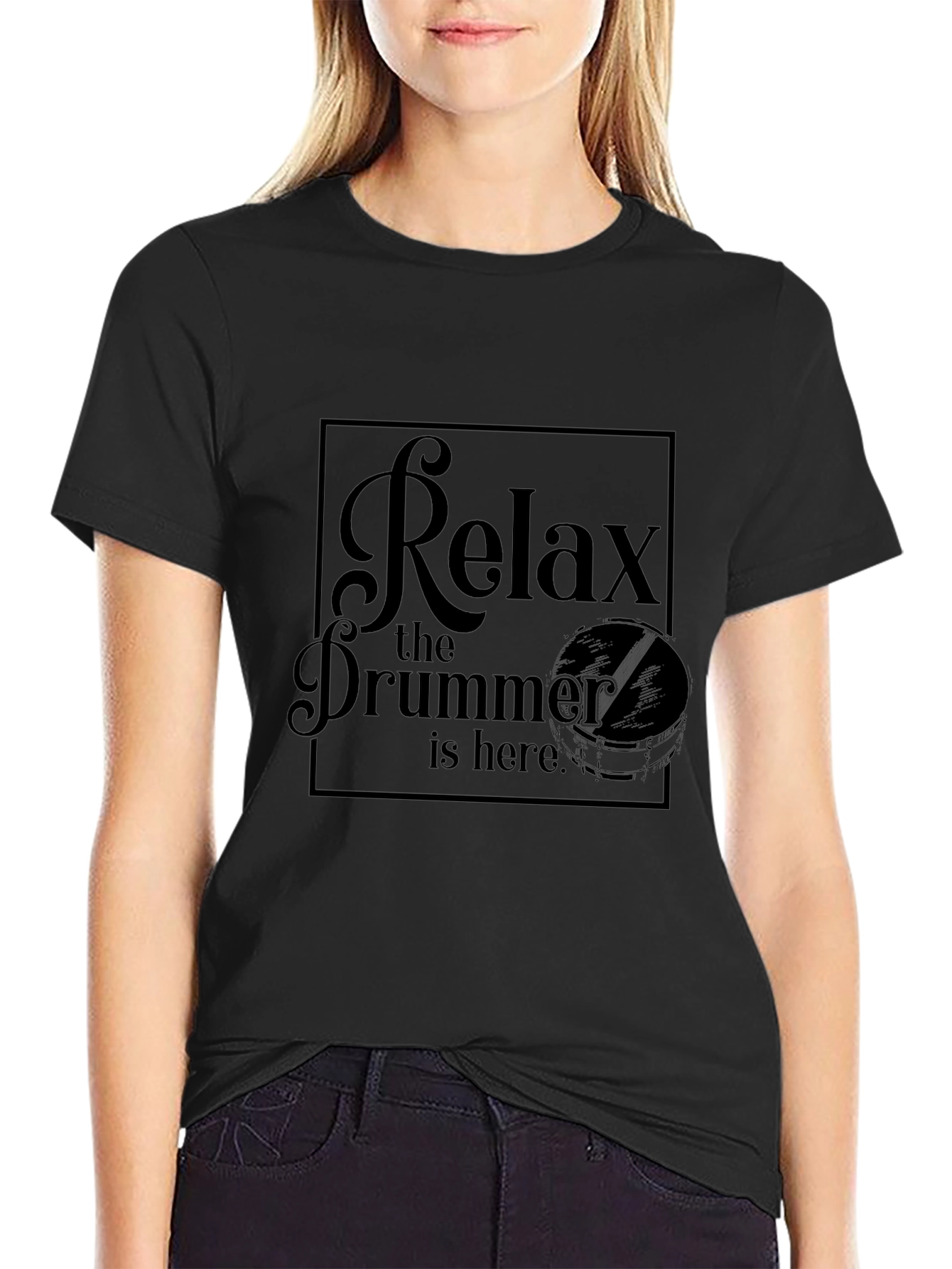 Relax the Drummer is Here Black Graphic T-Shirt