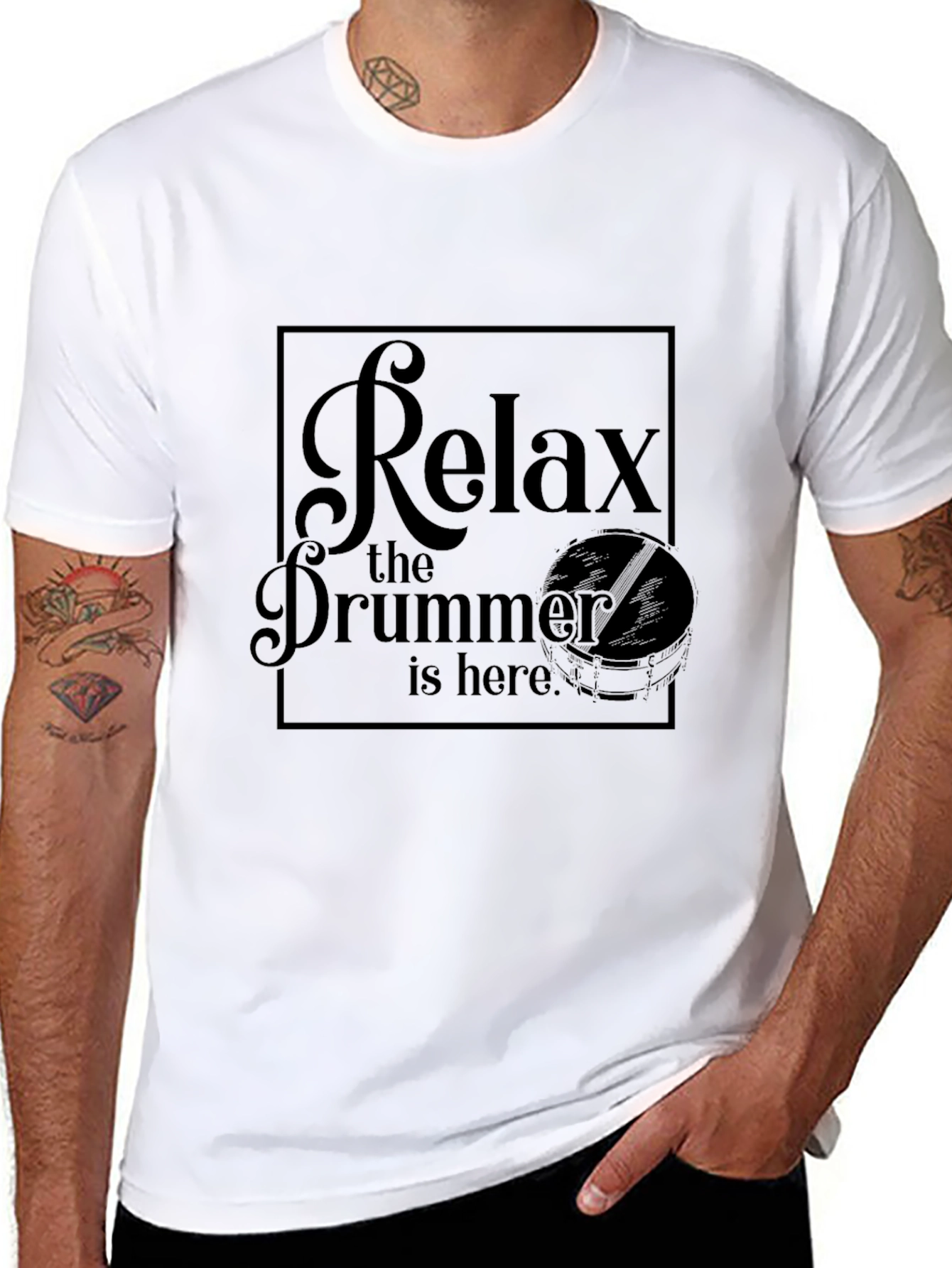 Relax the Drummer is Here Black Graphic T-Shirt