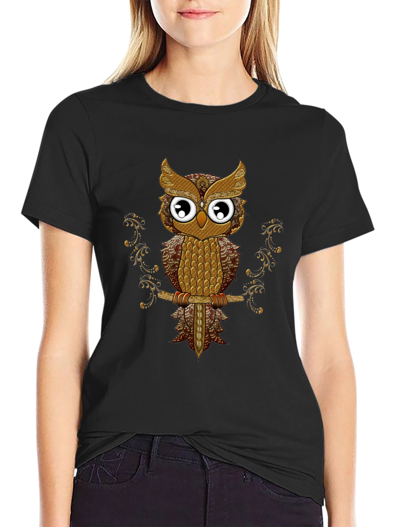 Owl Graphic Tee - Black Cotton T-Shirt