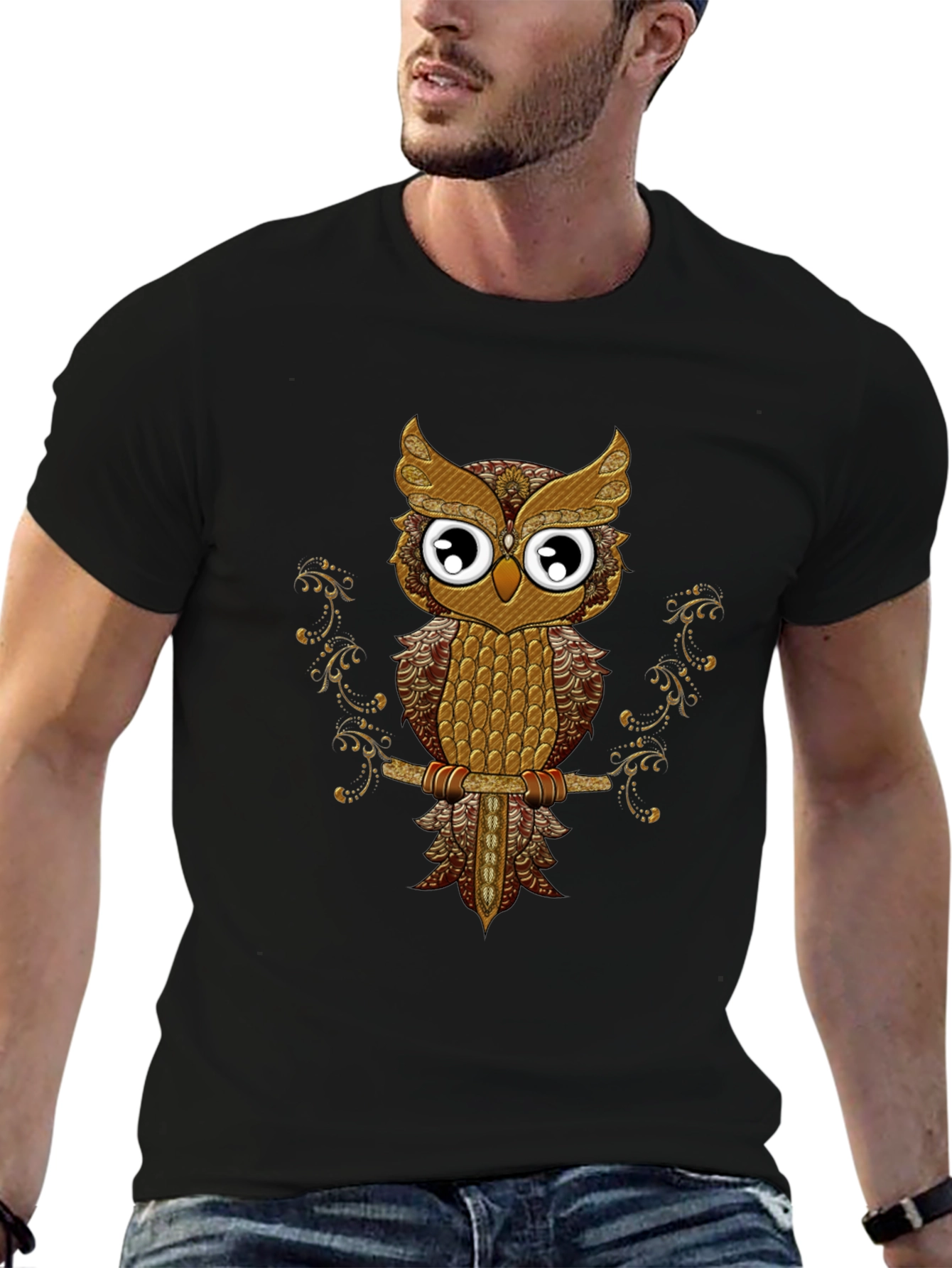 Owl Graphic Tee - Black Cotton T-Shirt
