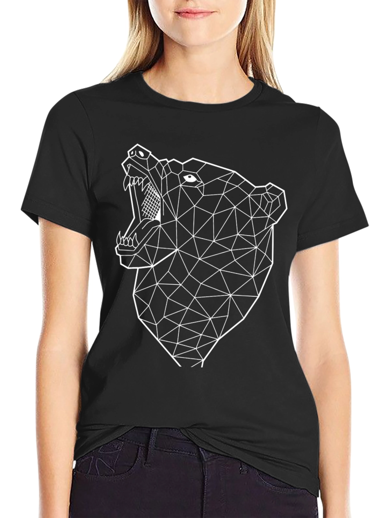 Geometric Bear Graphic Tee - Black Cotton Blend