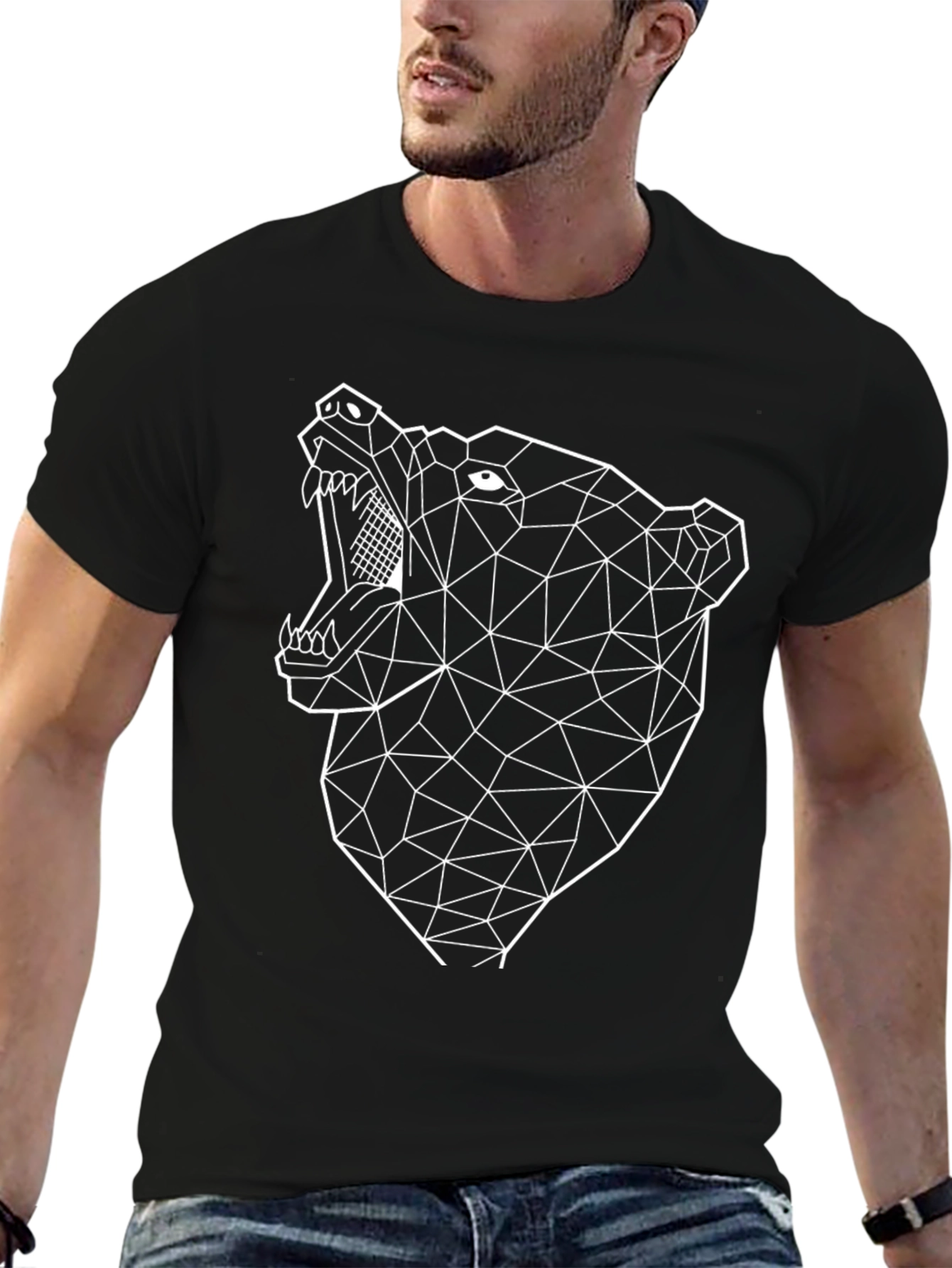 Geometric Bear Graphic Tee - Black Cotton Blend