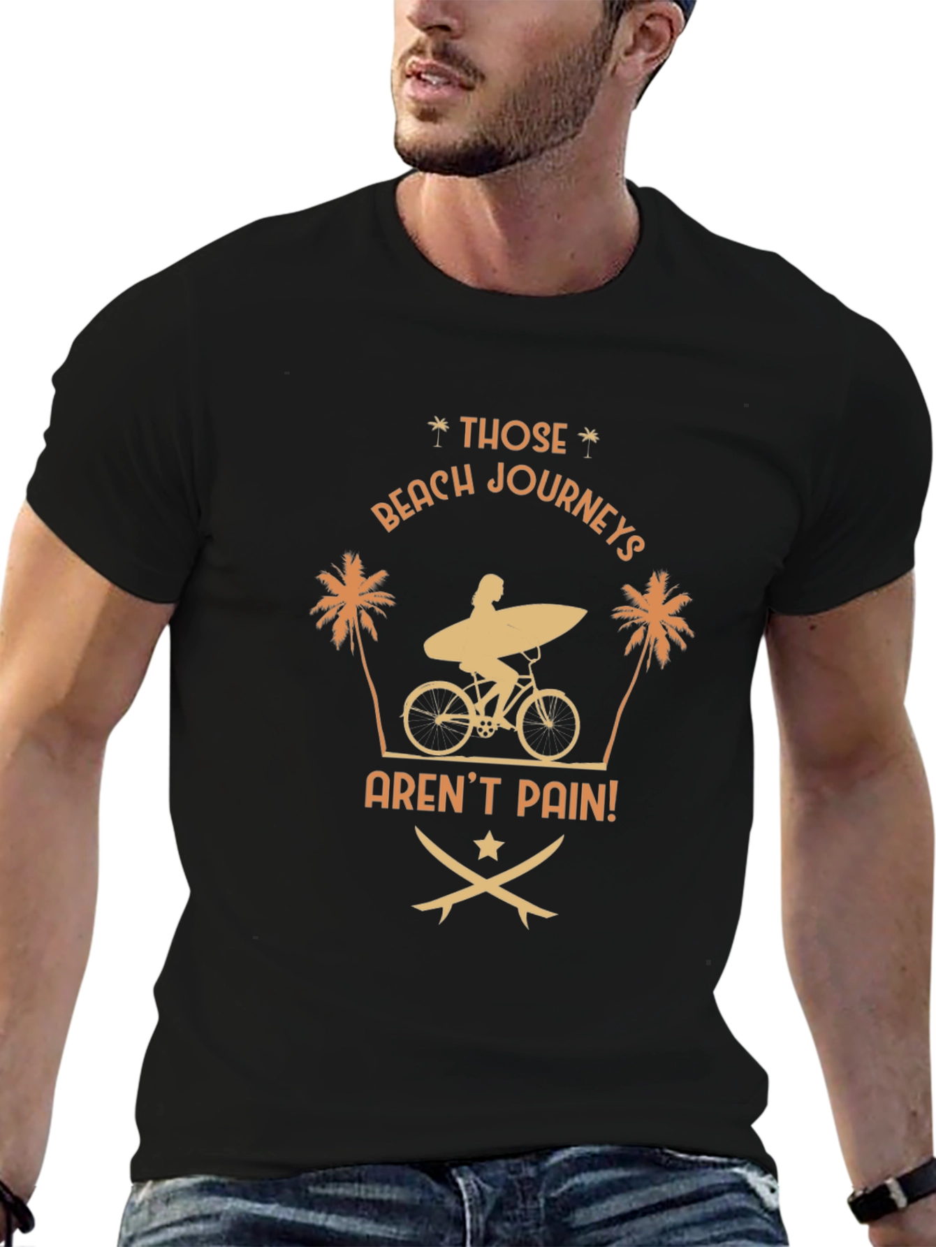 Beach Journeys T-Shirt: Surfer on Bike Graphic Tee