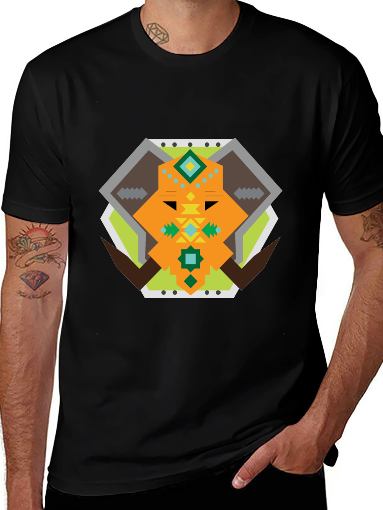 Geometric Bull Graphic Tee - Black Cotton T-Shirt
