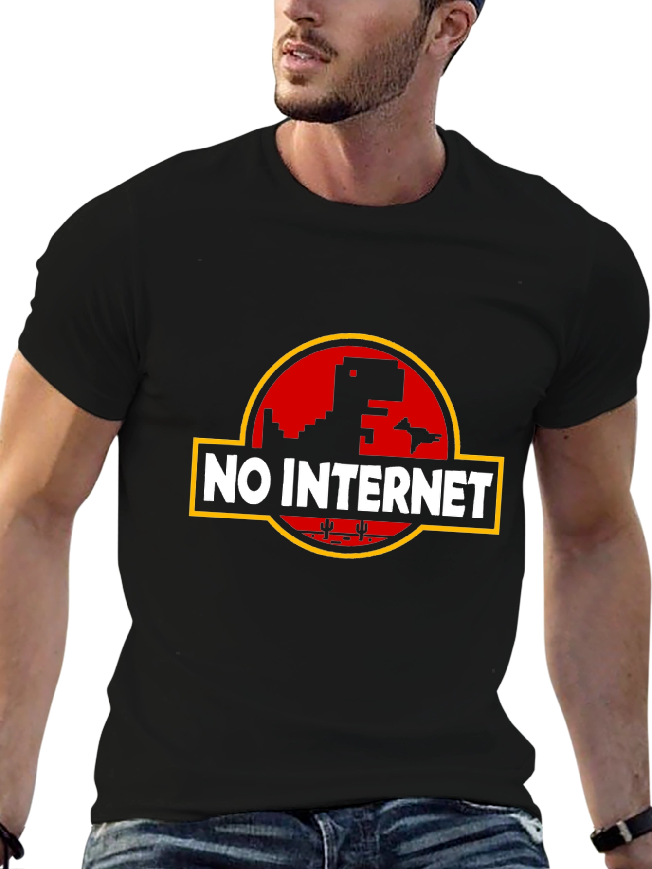 No Internet Dinosaur T-Shirt - Black