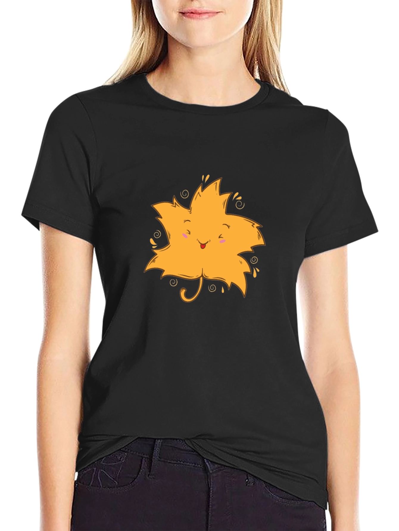 Cute Leaf Graphic Black T-Shirt