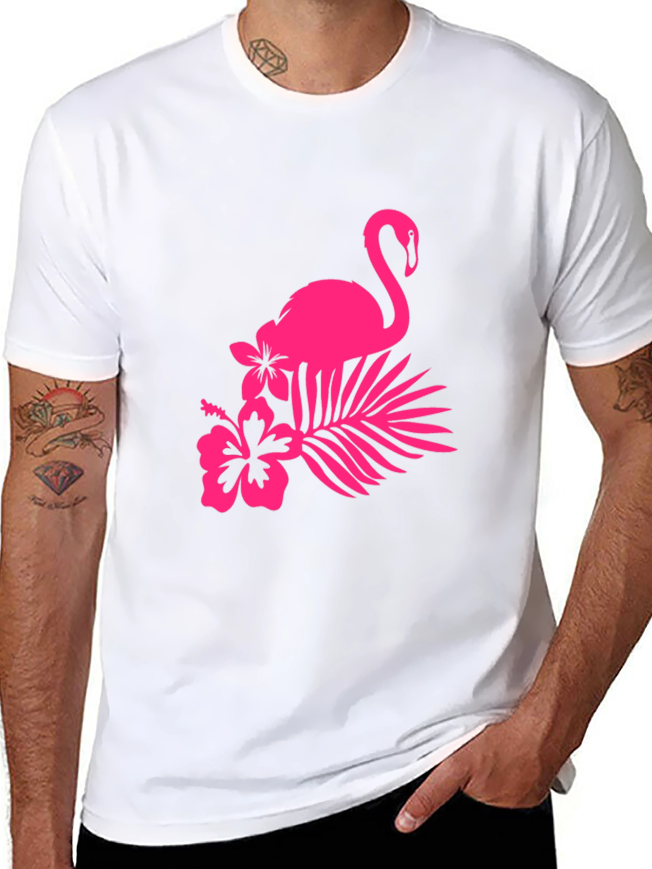 Black Tee with Pink Flamingo and Floral Design