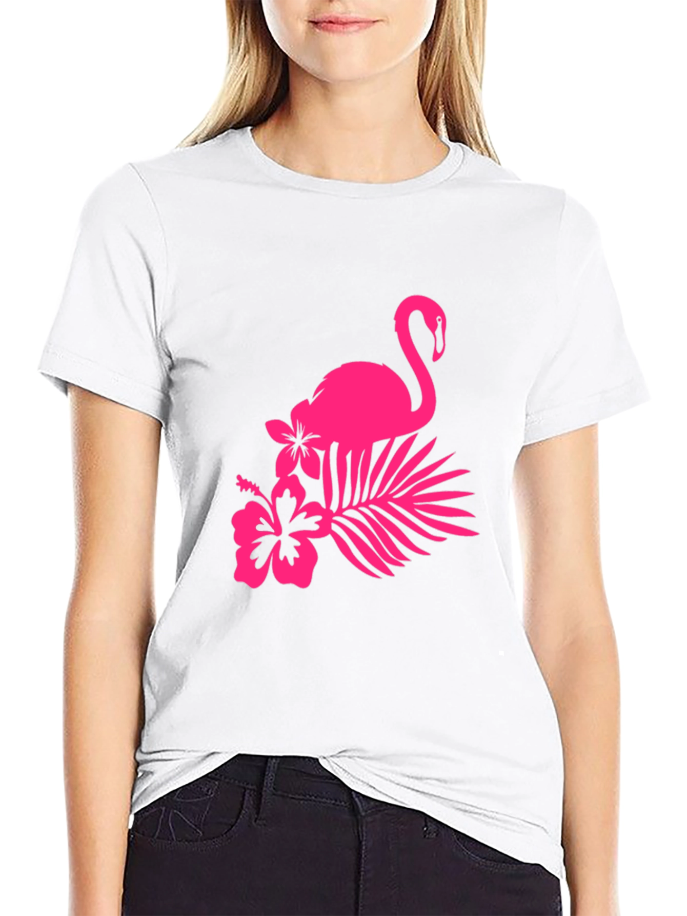 Black Tee with Pink Flamingo and Floral Design