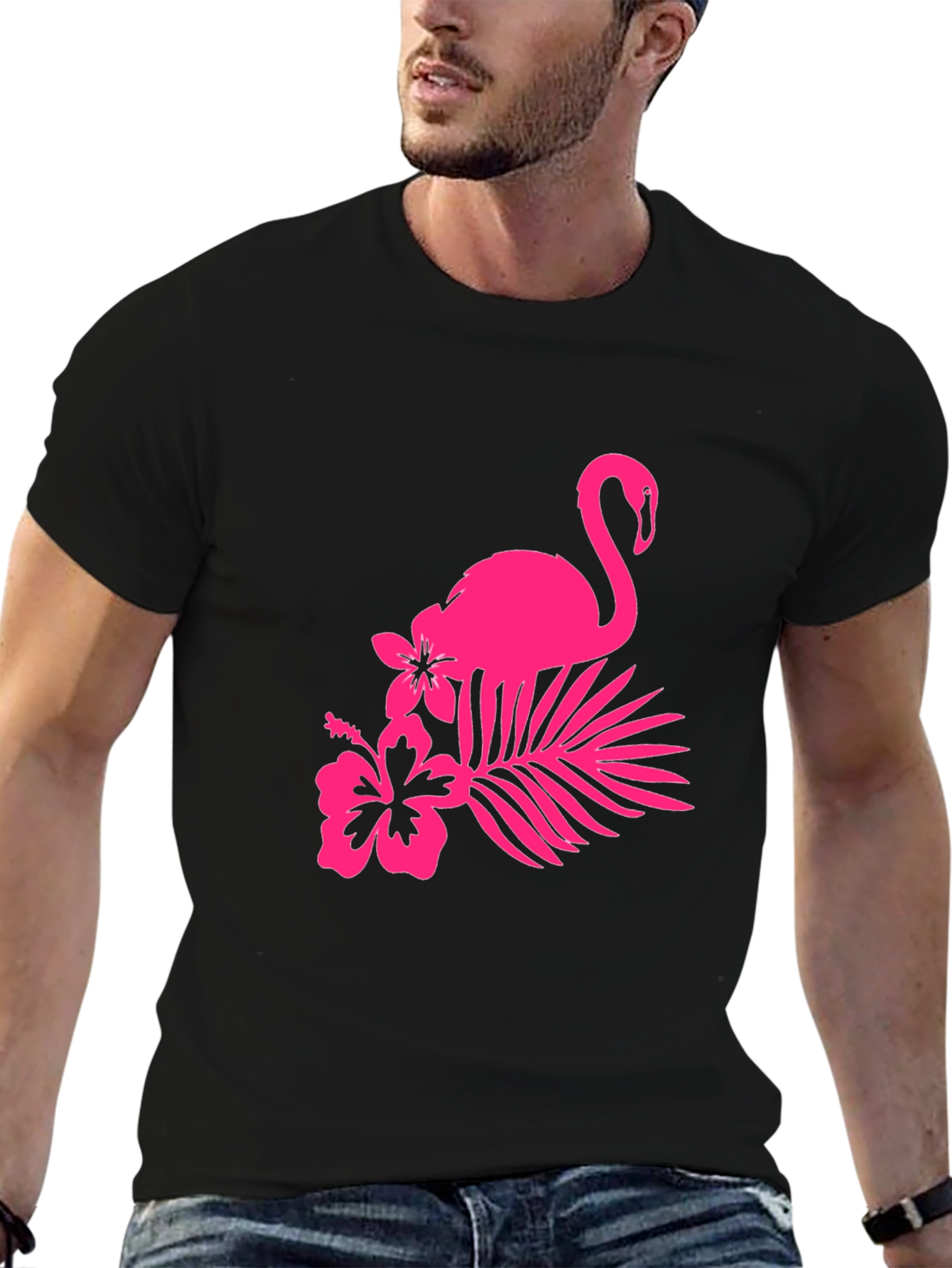 Black Tee with Pink Flamingo and Floral Design