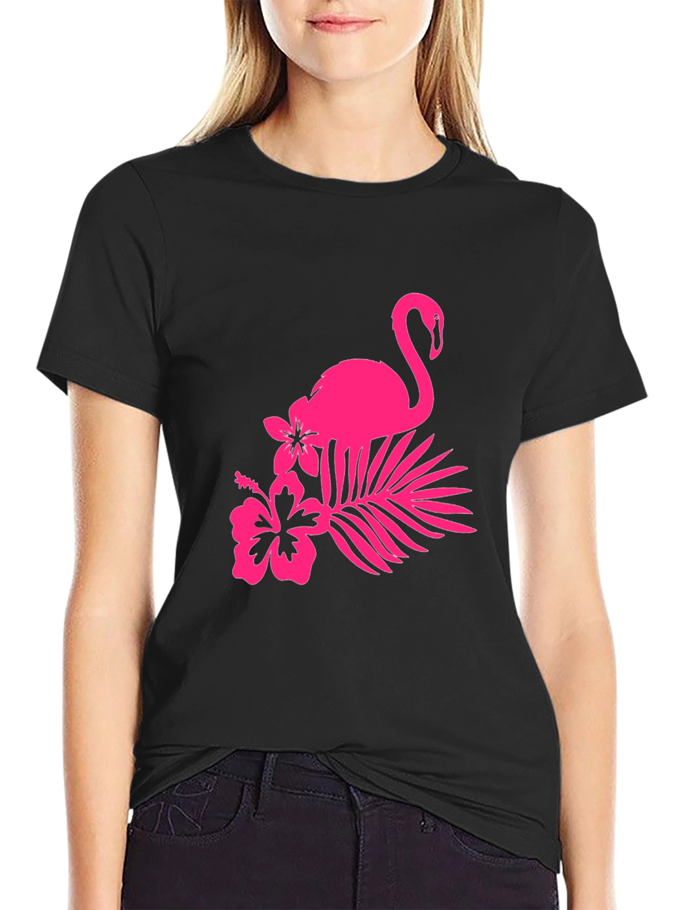 Black Tee with Pink Flamingo and Floral Design