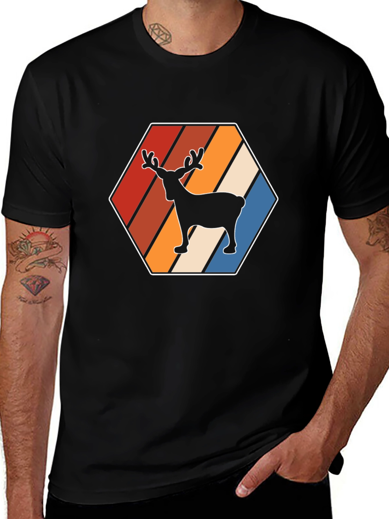 Retro Reindeer Graphic Tee - Black Cotton Blend Shirt