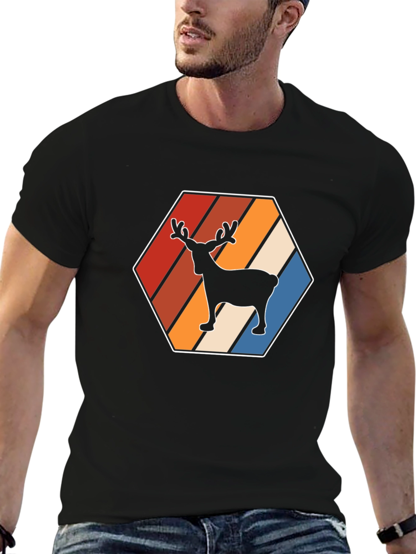 Retro Reindeer Graphic Tee - Black Cotton Blend Shirt