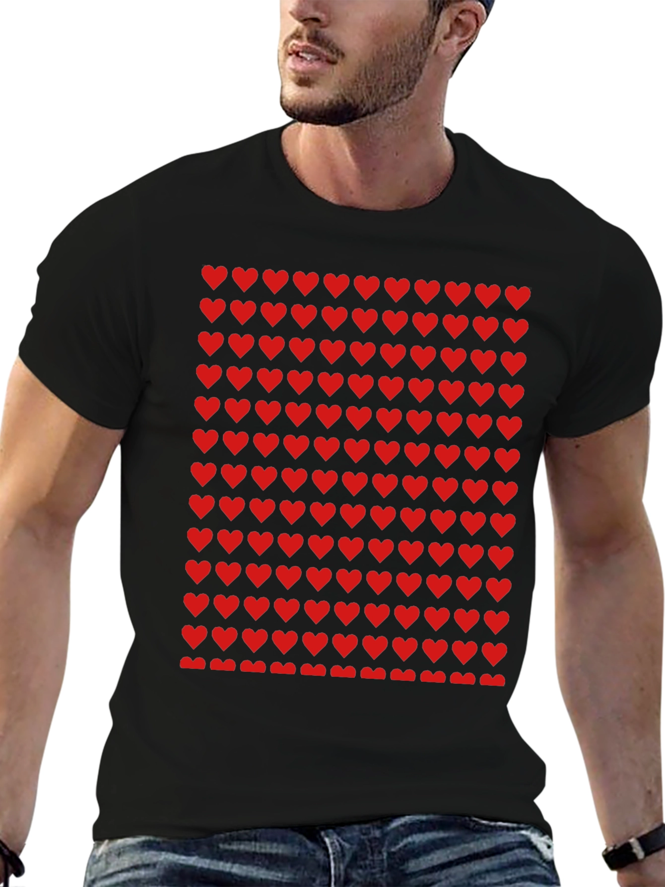 Red Heart Pattern Black T-Shirt