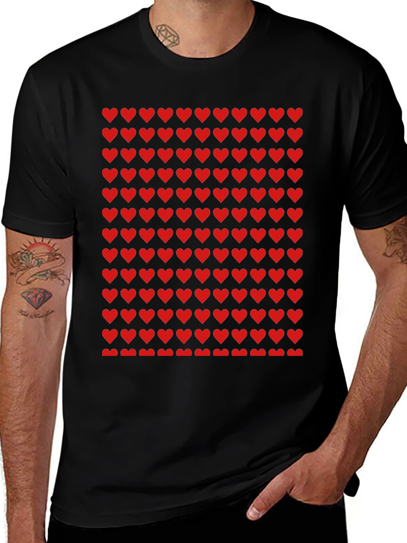 Red Heart Pattern Black T-Shirt