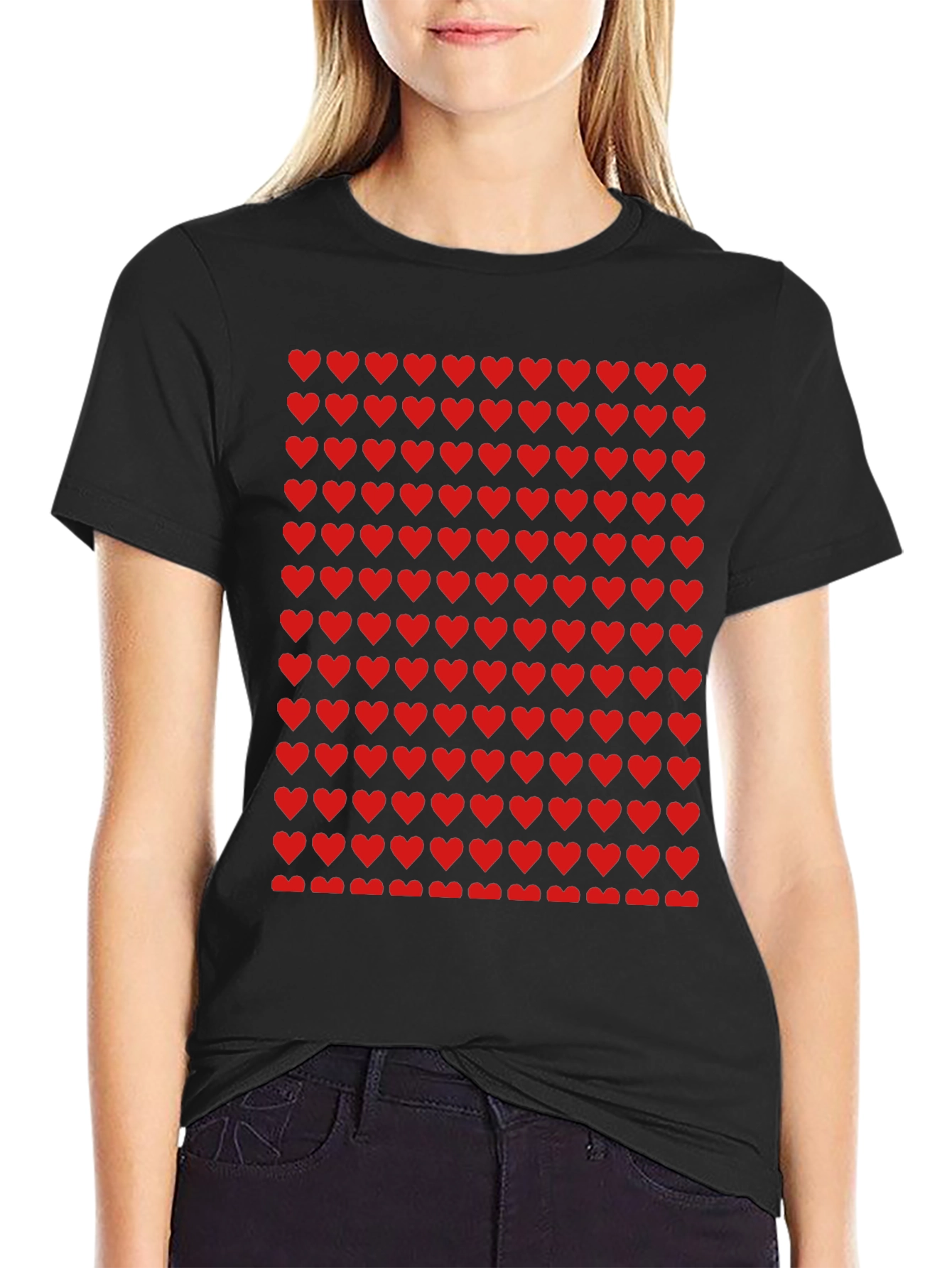 Red Heart Pattern Black T-Shirt