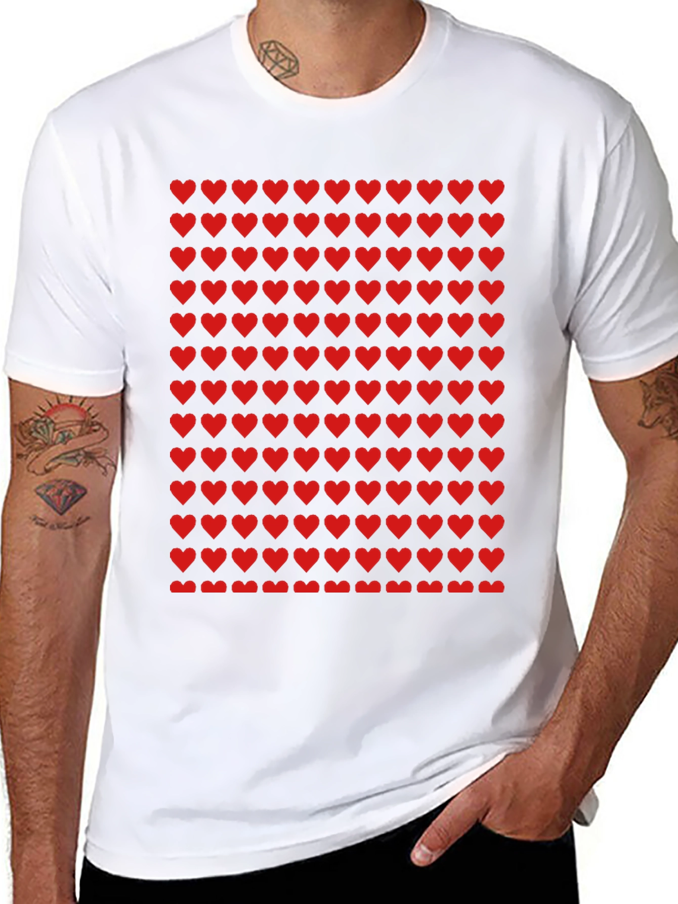 Red Heart Pattern Black T-Shirt