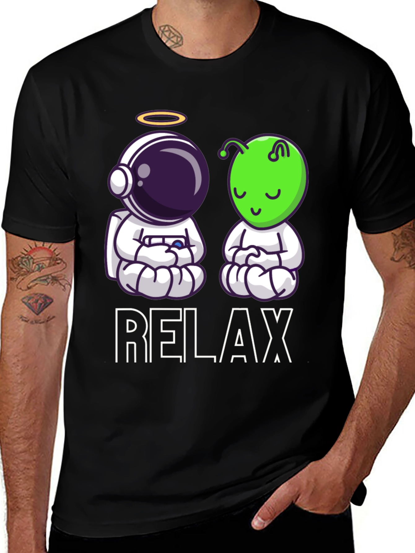 Relax Astronaut & Alien Zen Black T-Shirt