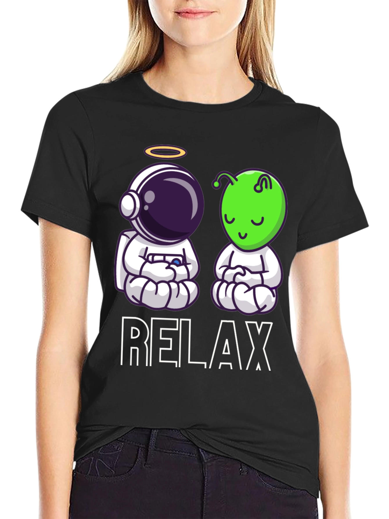 Relax Astronaut & Alien Zen Black T-Shirt
